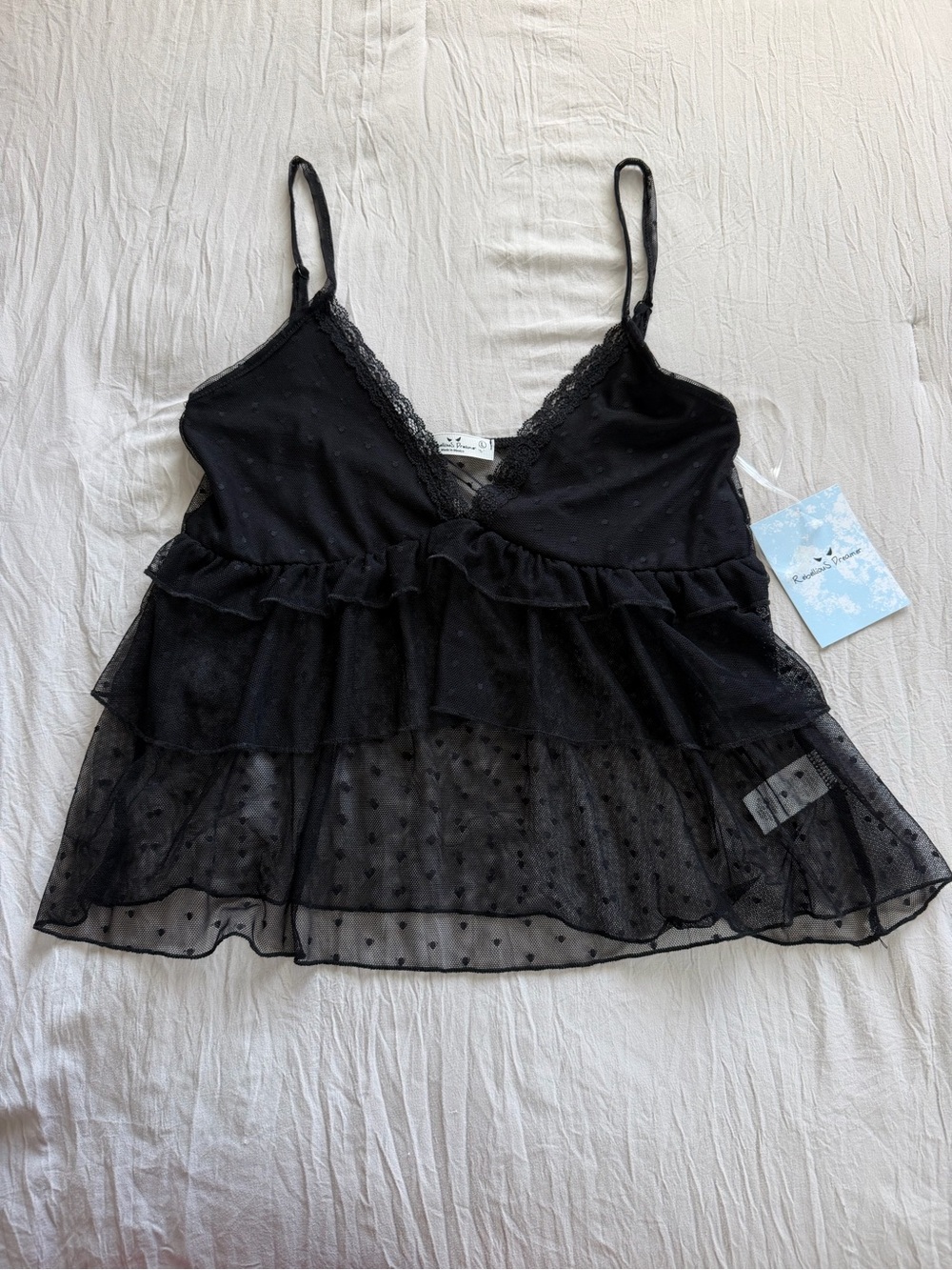 Rebellious Rose Black Ruffled Sheer Polka-Dot Camisole